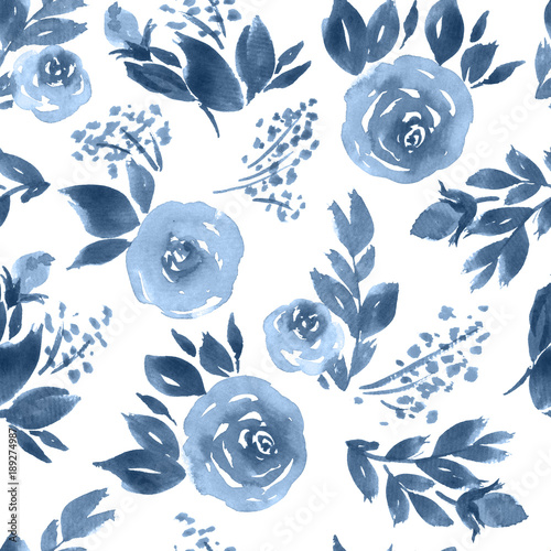 Indigo blue watercolor roses and leaves. Seamless floral pattern with loose flowers