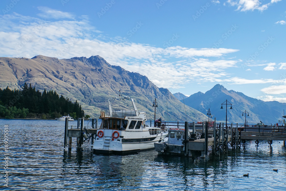 Queenstown / New Zealand - October 31 2017: passenger tour boat float at lake harbour