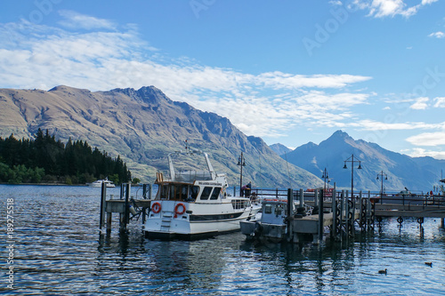 Queenstown / New Zealand - October 31 2017: passenger tour boat float at lake harbour