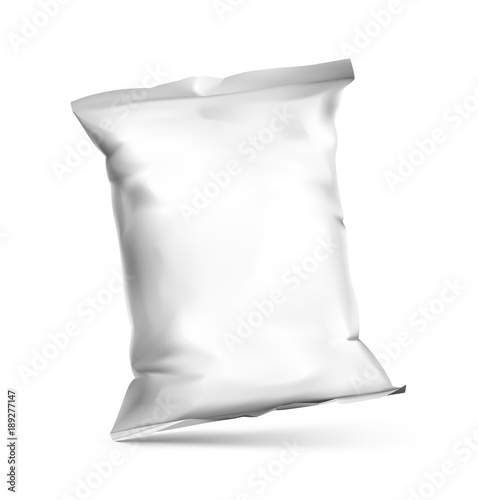 PrintMockup of food chips pillow bag isolated on white background. Vector illustration ready and simple to use for your design. The mock-up will make the presentation look as realistic as possible.