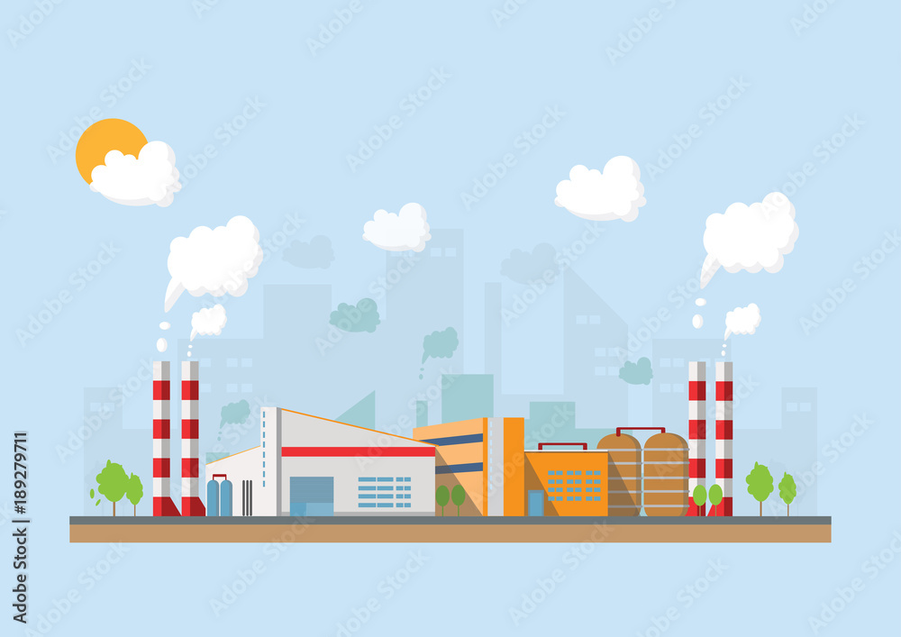 Industrial factory in a flat style.Vector and illustration of manufacturing building.Eco style concept.City landscape