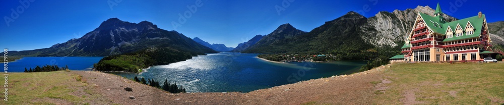 Panoramic Waterton Lake. Peace Park, the first of its kind in the world. Waterton is known for its chain of lakes, including the large Upper and Middle Waterton. 