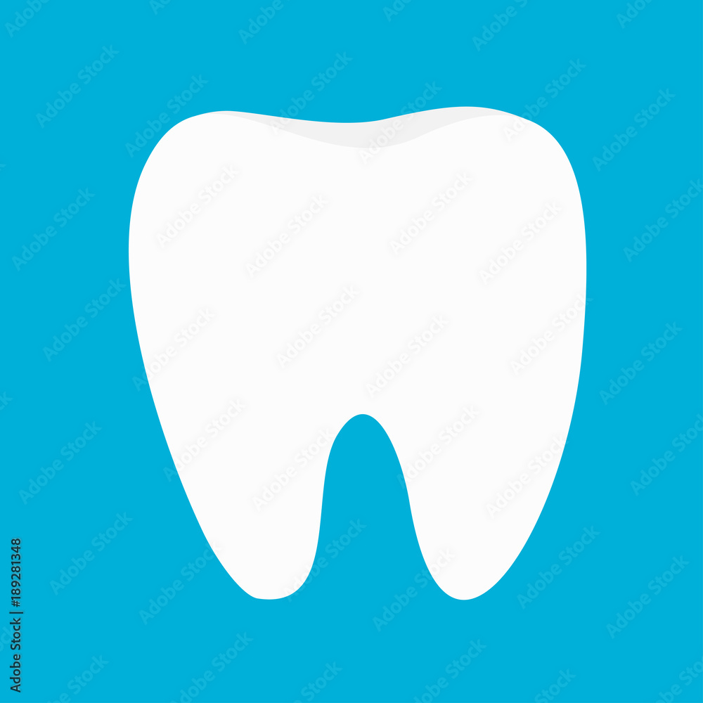 Healthy White Tooth icon. Oral dental hygiene. Whitening concept. Children teeth care. Blue background. Flat design.
