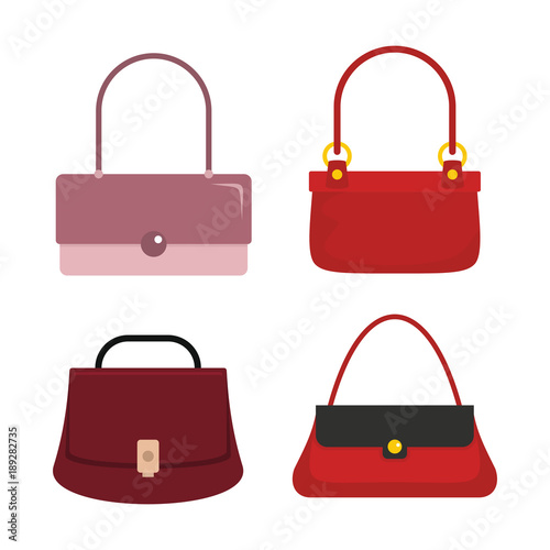 Colourful flat ladies handbags, woman accessories vector collection. Handbag luxury, accessory bag female vector illustration