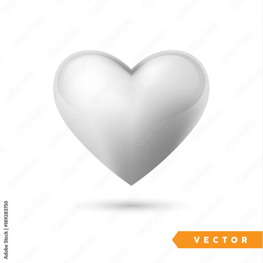 Realistic silver heart. Isolated on white. Valentines day greeting card background. 3D icon. Romantic vector illustration. Easy to edit design template for your artworks.