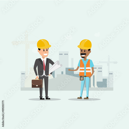 architect, foreman, engineering construction worker manage a project at building site