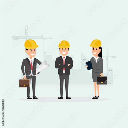 architect, foreman, engineering construction worker manage a project at building site