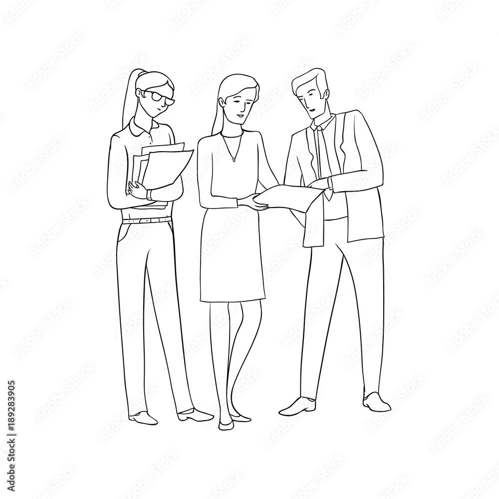 Vector sketch black contour isolated illustration of business people. Women and men at meeting and negotiations. Discussion of business documents, workflow in the office.