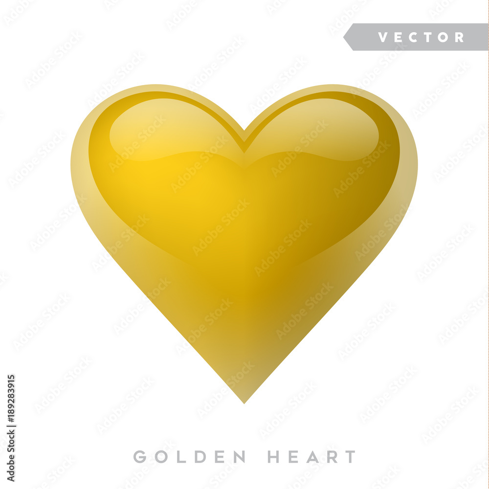Valentines day holiday decoration. Golden realistic heart. 3d vector illustration of metallic heart shape. Festive sign