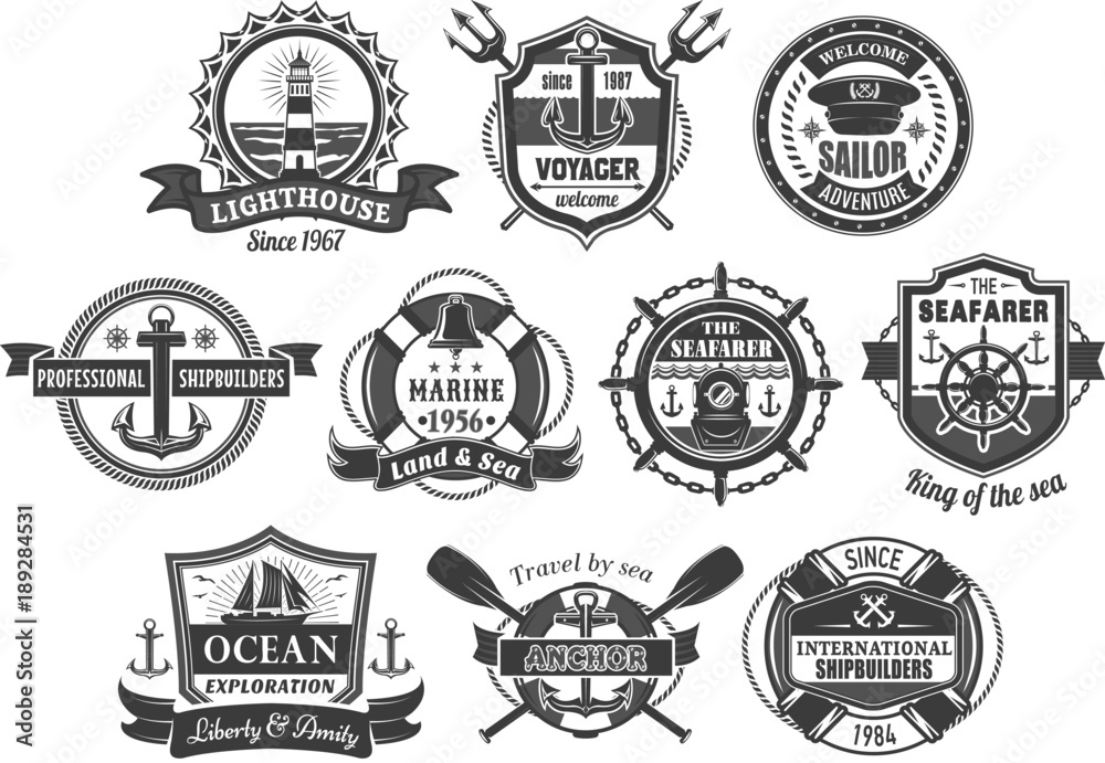 Fototapeta premium Vector nautical marine heraldic icons set
