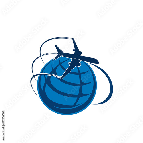 Airplane flying over world globe vector icon