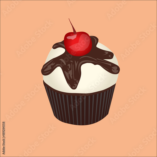 Vector illustration of  chocolate cupcake with a cherry on top photo