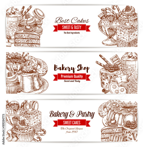 Cakes sketch banner for bakery and pastry design