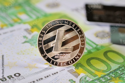 LiteCoin on Euro Banknotes background with credit cards