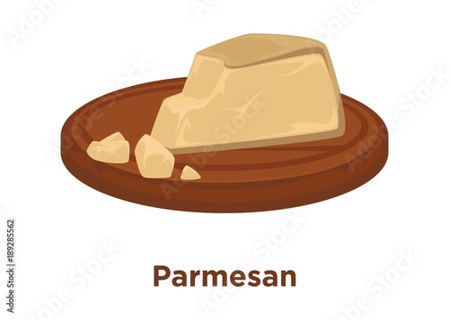 Cheese Parmesan sort vector flat isolated slice icon on wooden platter