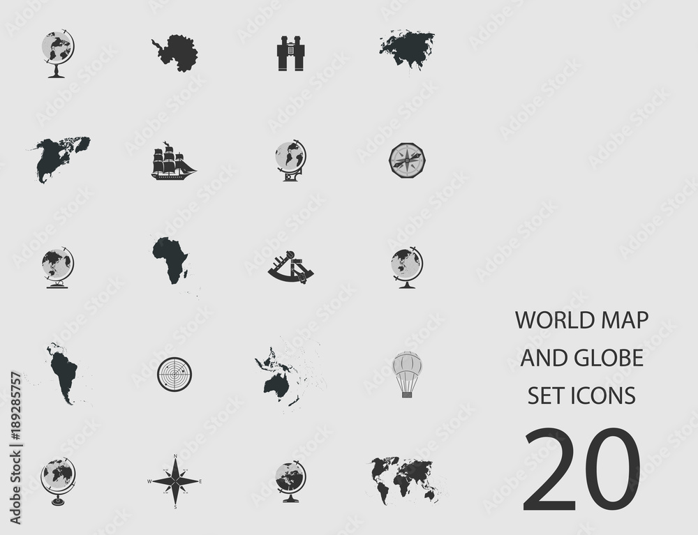 Obraz premium World map and globe set of flat icons. Vector illustration