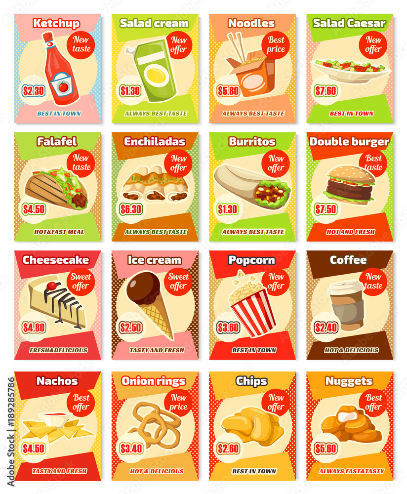 Vector fast food street food snacks cards menu