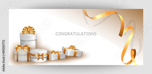 Horizontal design background with white gift boxes and gold bow. Template Invitation For Valentine's Day, Wedding, Birthday. For a banner, postcards. flyer, label, certificate, company card. Vector.
