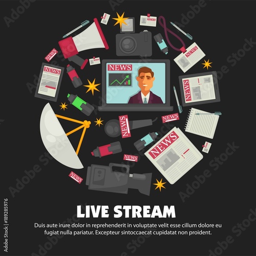 Breaking news live broadcast vector poster of anchorman on television and journalist work equipment