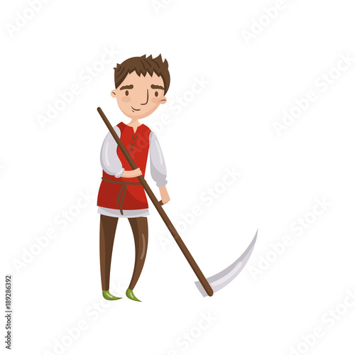 Medieval man with scythe cartoon vector Illustration