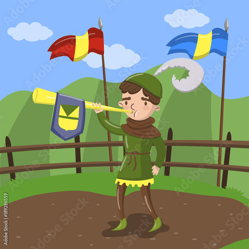 Royal herald with trumpet standing on summer landscape background vector Illustration