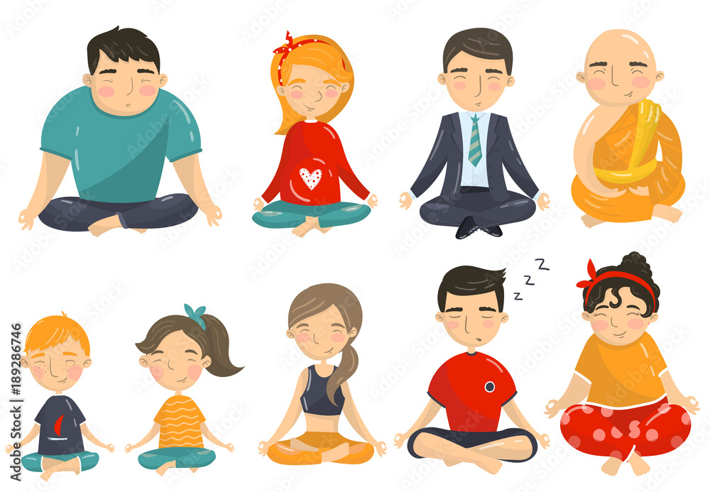 People meditating and relaxing in yoga lotus position set, men, women and kids doing yoga cartoon vector Illustrations People meditating and relaxing in yoga lotus position set, men, women and kids doing yoga cartoon vector Illustrations