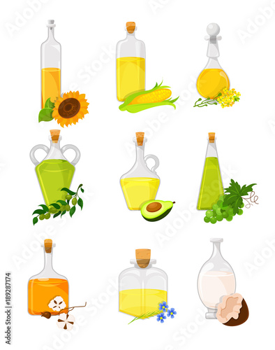 Vegetable oil set, different kinds of edible vegetable food oils cartoon vector Illustrations
