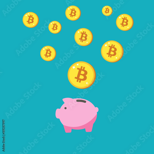 Piggy bank, bitcoin vector icon. Crypto currency saved, money security concept for web design, banner, mobile app. Payment Cryptocurrency, Color Minimalist flat style, cute sign isolated on white