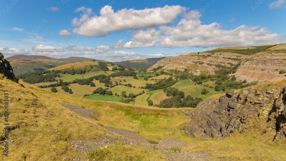 Welsh landscape seen from Castell Dinas Bran near Llangollen, Denbighshire, Wales, UK