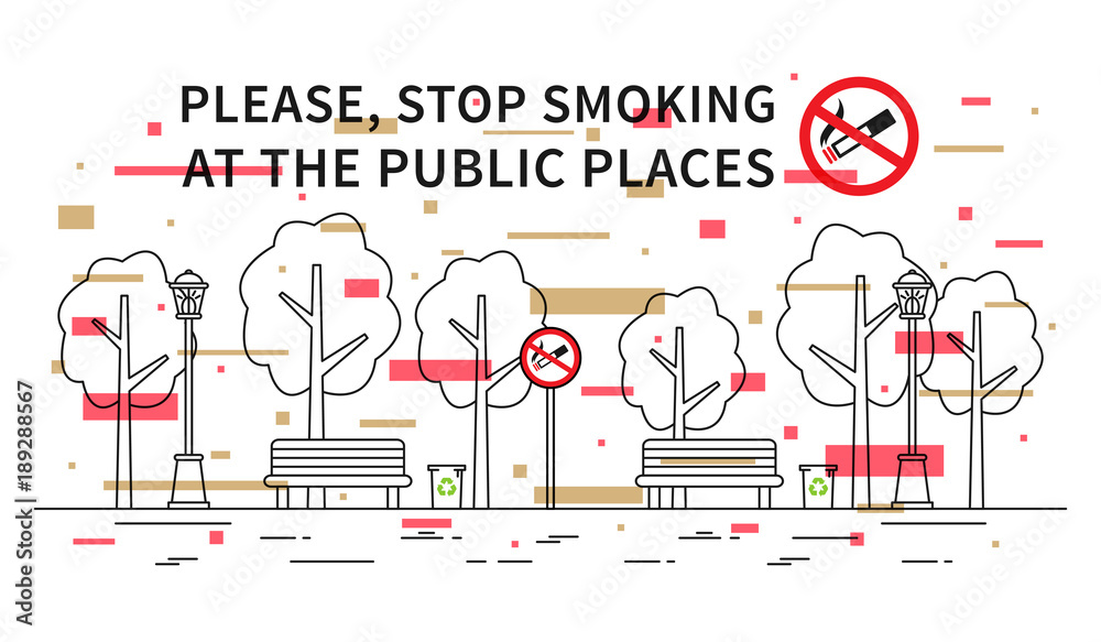 City park no smoking vector illustration with colorful elements. Stop smoking sign at the public place line art concept.