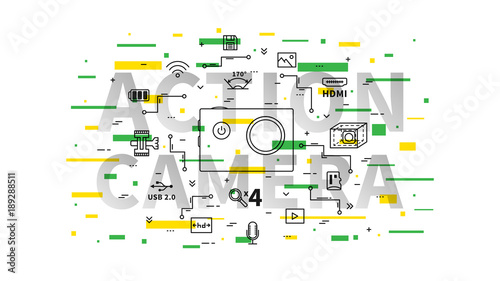 Action camera vector illustration with colorful elements. Portable video camera for extreme sport with items line art concept.