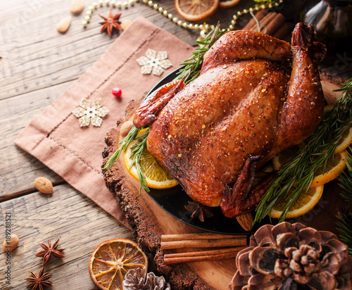 Baked turkey for Christmas Dinner or New Year space for text