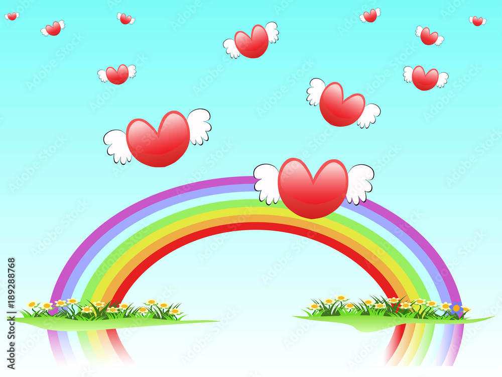 flying hearts on rainbow
