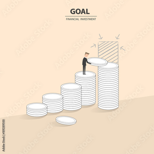Businessman step on stack of coin in investment progress concept. Business concept of financial, risk and success. Vector illustration.