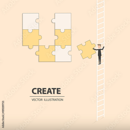 Businessman climbing ladder with patient to fulfill the puzzle of success. Business concept of achievement, ambition and solution. Vector illustration.