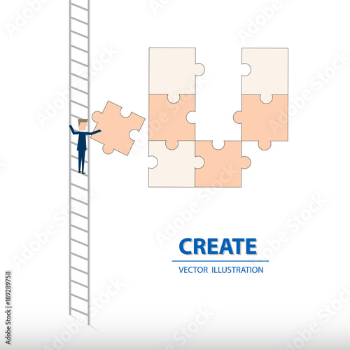 Businessman climbing ladder with patient to fulfill the puzzle of success. Business concept of achievement, ambition and solution. Vector illustration.
