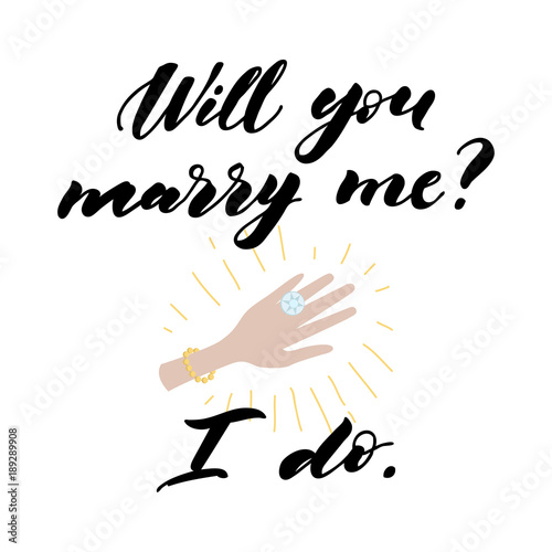 Will you marry me lettering. Hand drawn vector illustration, greeting card, design, logo for Valentine s Day. photo