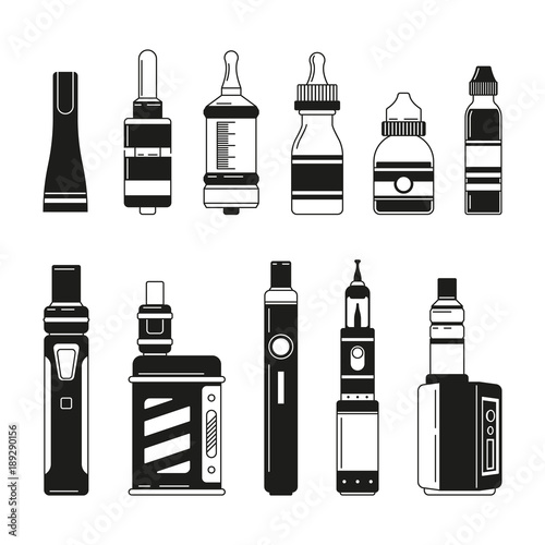 Electronic cigarettes and bottles for smoking club or shop. Vector monochrome pictures