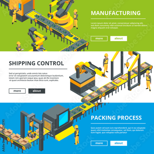 Automated industry line. Manufacturing production. Vector horizontal banners
