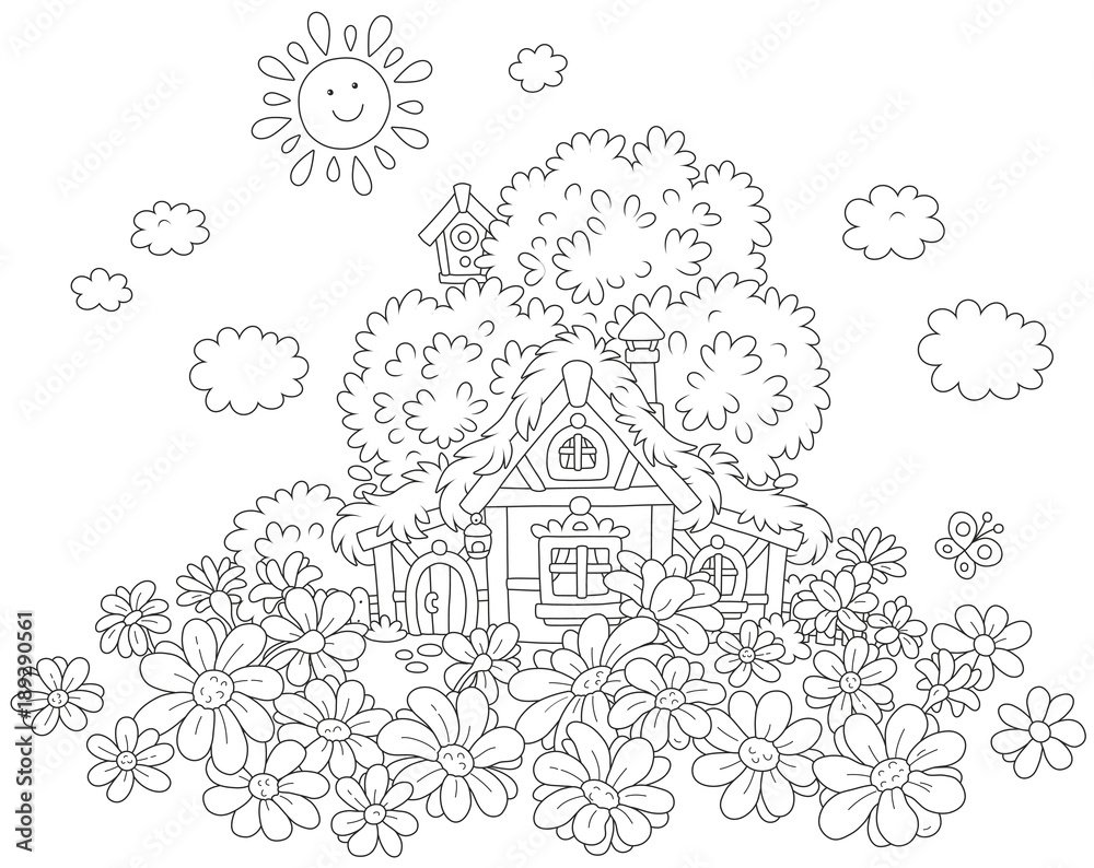 Fototapeta premium Small lodge with a thatched roof under a tree on a field of daisies, a black and white vector illustration for a coloring book