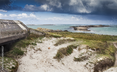 Entrance of a big german bunker with gun part of the Atlantic Wall, Brittany, France