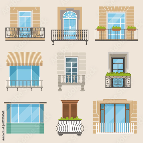 Set of colorful beautiful balconies. Vintage, modern and decorative forged balconies. Flat vector illustrations, architecture exterior building design element.