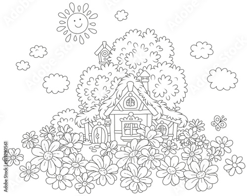 Small lodge with a thatched roof under a tree on a field of daisies, a black and white vector illustration for a coloring book
