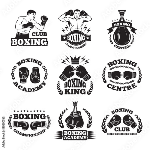 Boxing club, or mma fighting labels. Monochrome vector illustrations