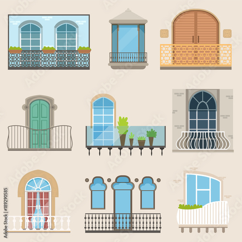 Detailed balcony set in different styles. Classical, modern and decorative forged balconies. Flat cartoon vector, isolated architecture building elements