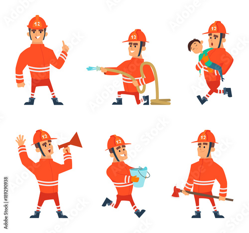 Cartoon characters of firefighters in action poses