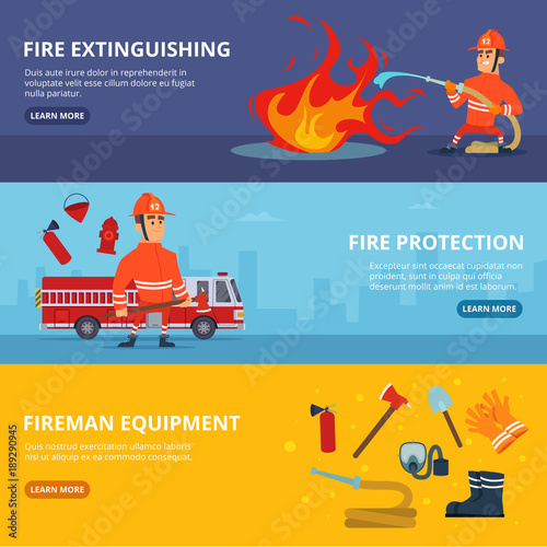 Horizontal banners with illustrations of firefighter in uniform