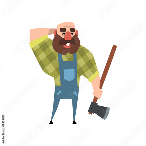 Smiling lumberjack holding axe, other hand at back of his bald head. Cartoon bearded man character in blue coveralls and green checkered shirt. Flat vector design
