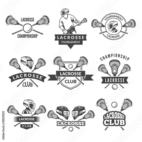 Vector logos or labels for lacrosse team in sport college photo