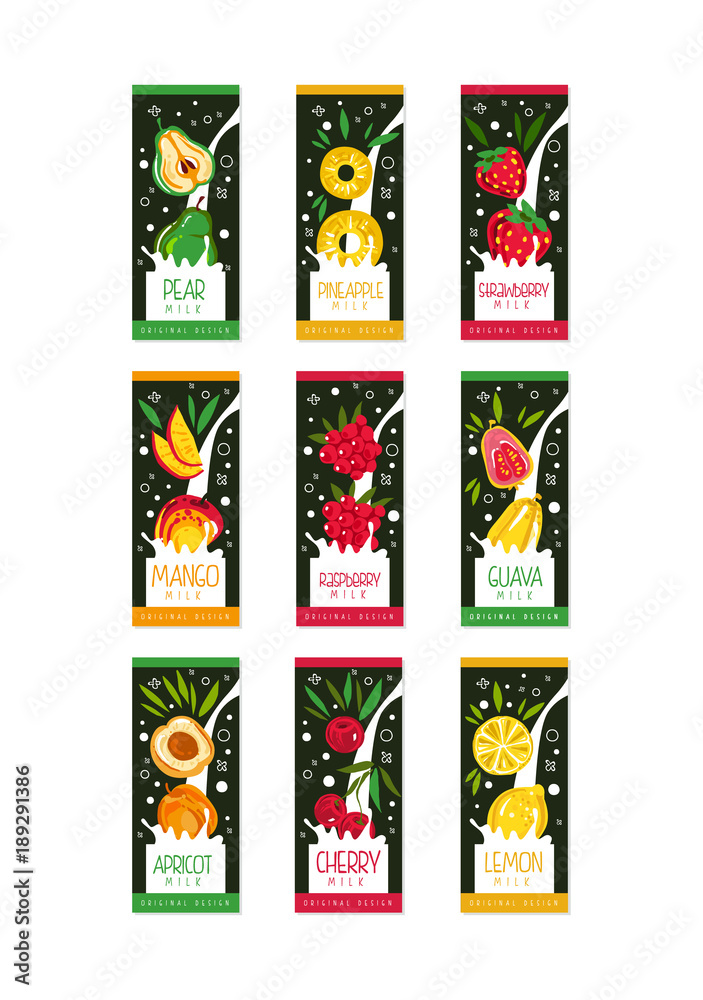 Emblems for fruit milk. 9 various tastes pear, pineapple, strawberry, mango, raspberry, guava, apricot, cherry, lemon. Flat vector product package design